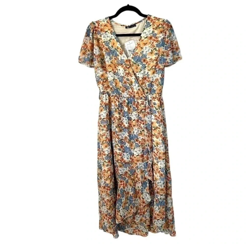 NWT Pretty Garden Women's Boho Ruffle Floral Summer V-Neck Faux Wrap Dress Sz Md
